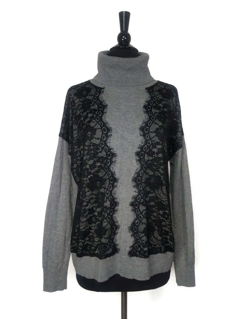 Halogen Gray Turtleneck Sweater with Black Lace Overlay